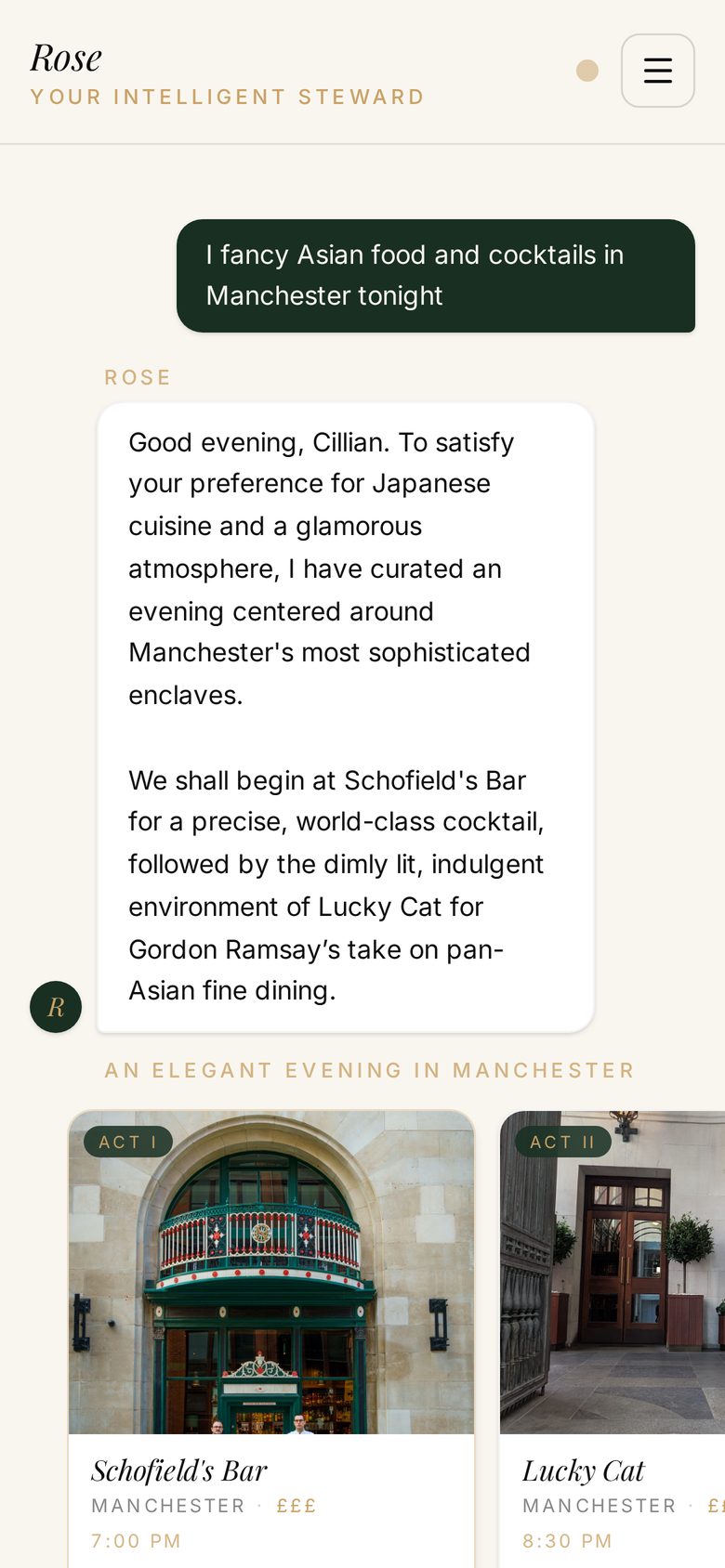 The Rose concierge chat planning an evening of cocktails and pan-Asian dining in Manchester