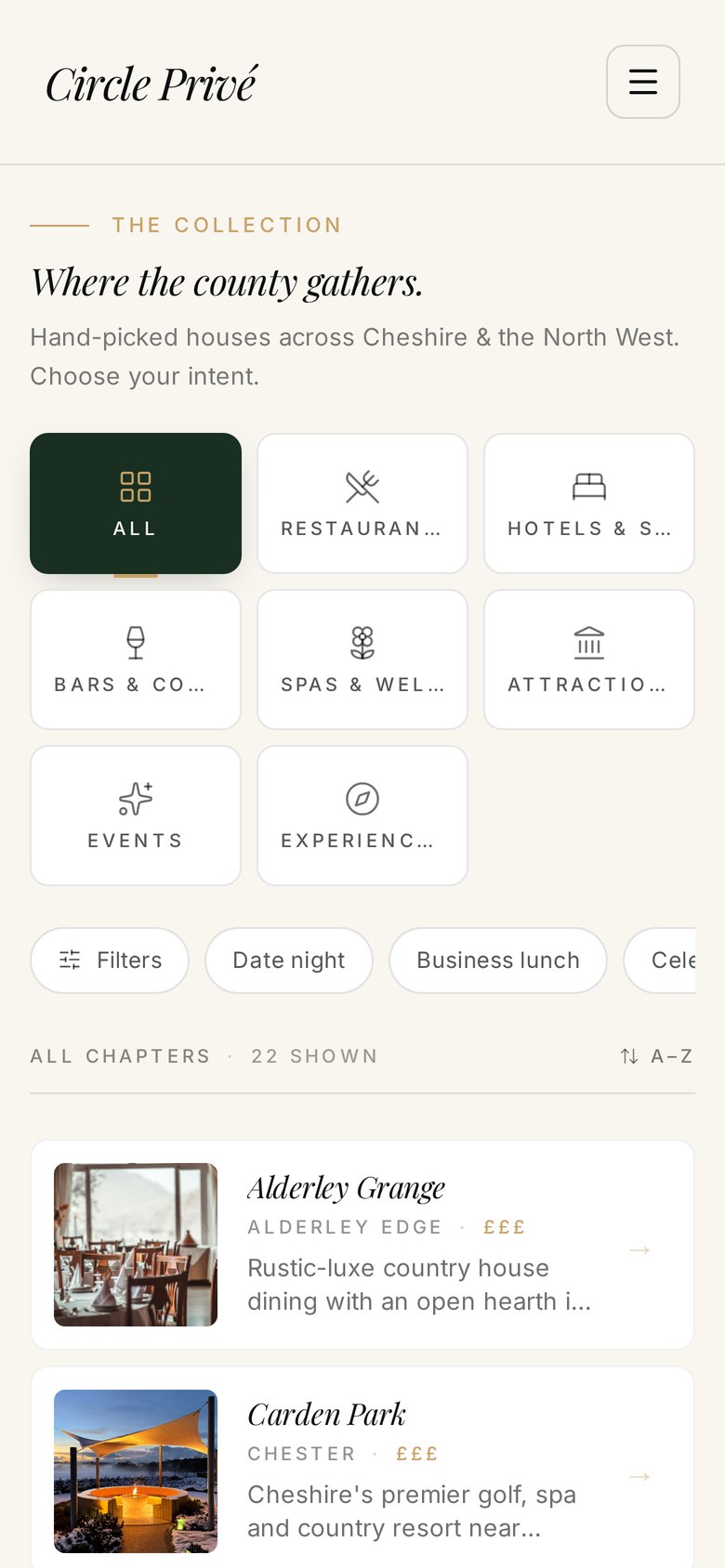 The Collection screen showing category cards and curated Cheshire venues